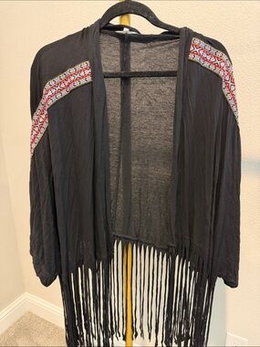 Lady’s World Plus Size 2X Black Fringe Kimono Cardigan Boho Festival Cover-Up